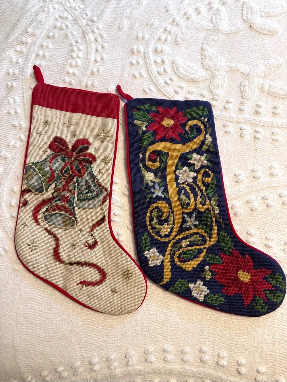 Pair of Christmas Needlepoint Embroidered Holiday Stockings in Red, Navy & Cream